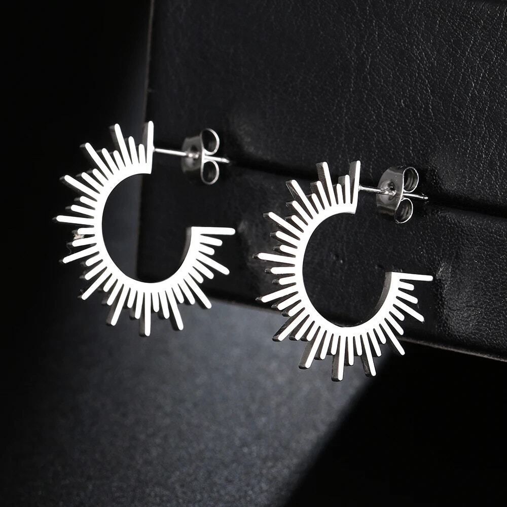 Silver Stainless‎ Steel Sun C-shape Earrings